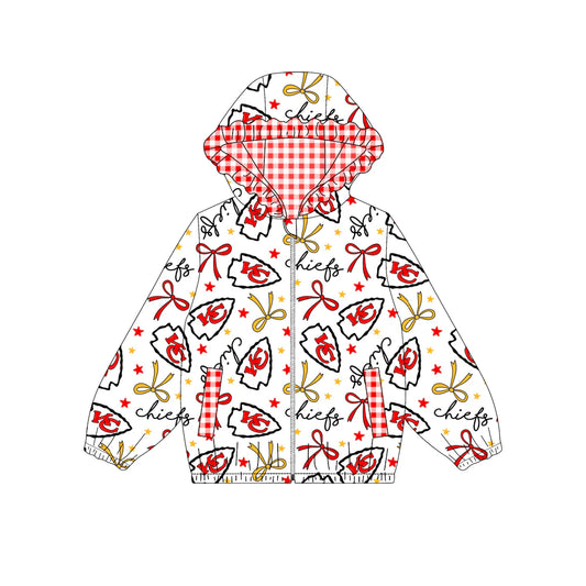 (Custom Design Preorder MOQ 5) Team's CHIEFS Bows Print Pockets Girls Long Sleeve Zipper Jackets Top