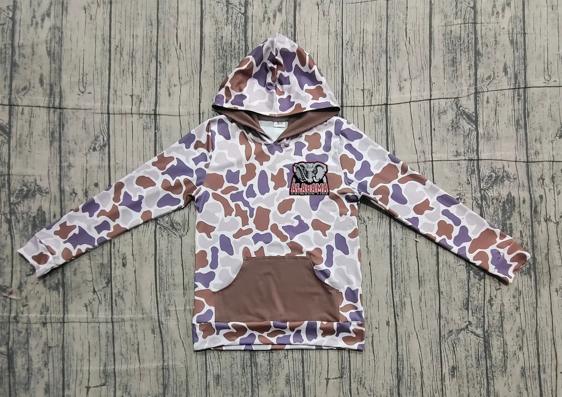 (Custom Design Preorder MOQ 5 Each Item) Team's Alabama Purple Brown Camo Print Kids Fall Zipper Hoodie Top Mom and Me Matching Clothes