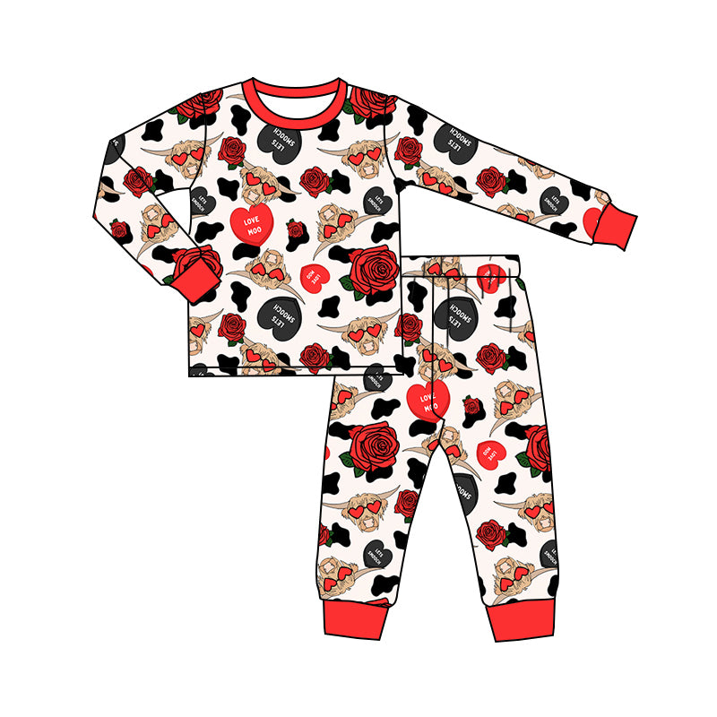 (Custom Design Preorder MOQ 5) Highland Cow Heart Print Girls Western Valentine's Day Pajamas Bamboo Clothes Set