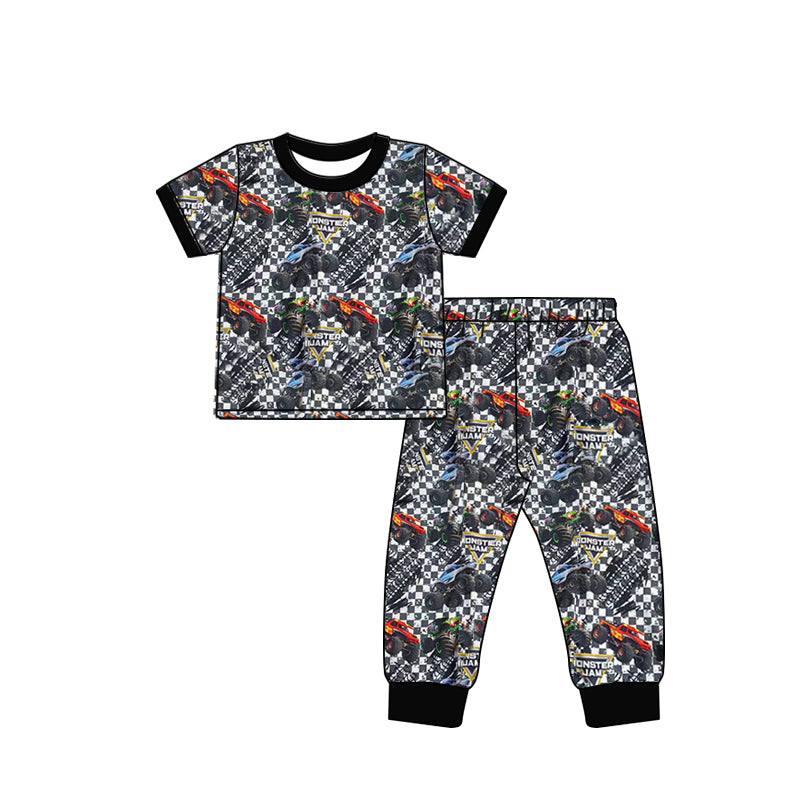 (Custom Design Preorder MOQ 5) Monster Trucks Black Print Boys Pajamas Clothes Set