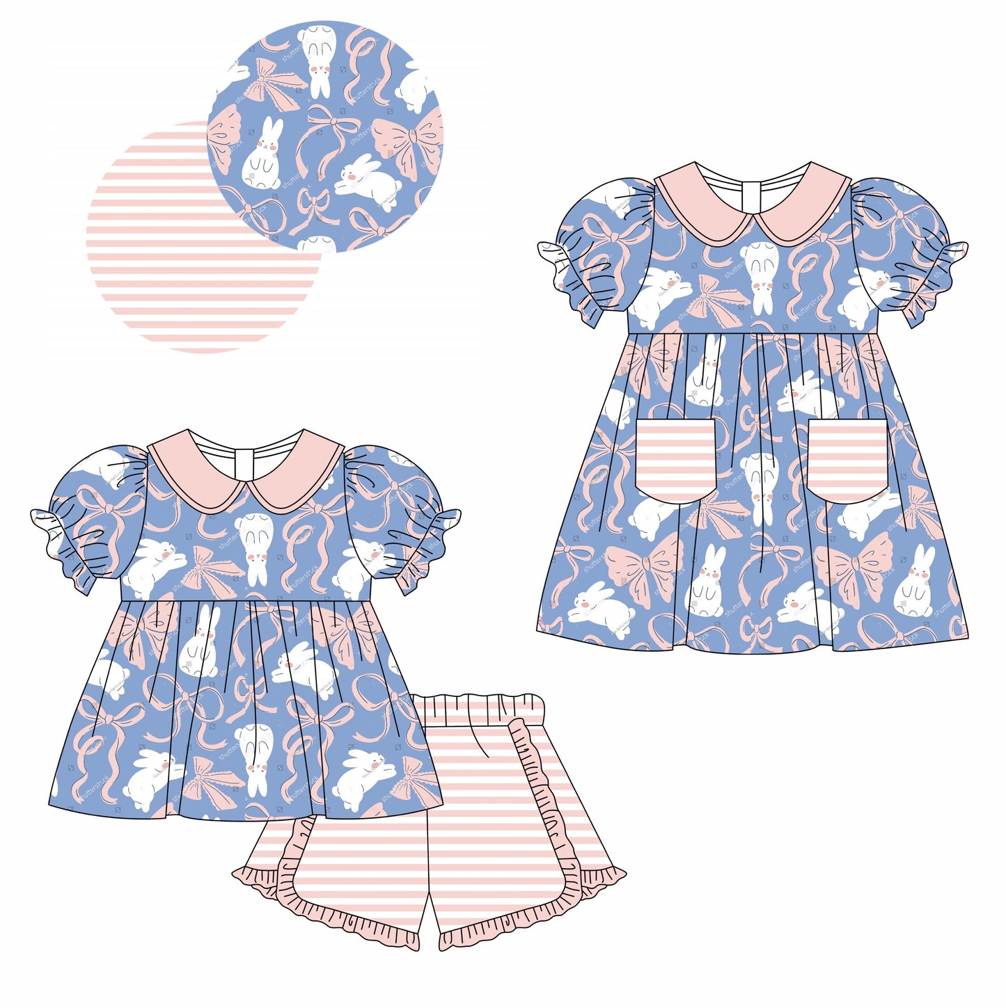 11.12(Custom Design Preorder MOQ 5 Each Design) Bunny Bows Print Girls Easter Matching Clothes Set Sisters Wear