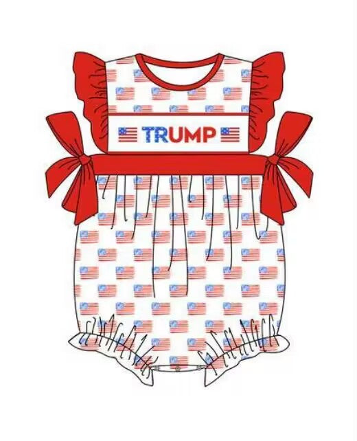 (Custom Design Preorder MOQ 5) TRUMP Flags Print Baby Girls Romper