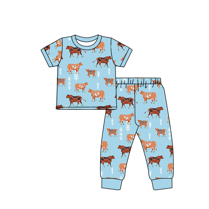 (Pre-order)BSPO0213 Blue Cow Print Boys Pajamas Clothes Set