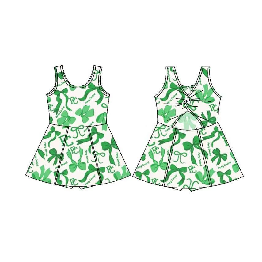 (Custom Design Preorder MOQ 5) Team's Perry Central PC Green Bows Print Shorts Skirts Girls Summer Yoga Dress