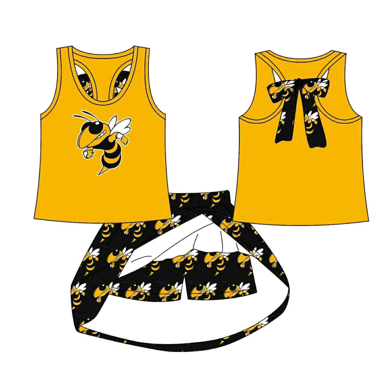 (Custom Design Preorder MOQ 5) Team's Bee Yellow Top Skirts Shorts Girls Summer Clothes Set