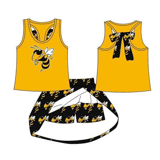(Custom Design Preorder MOQ 5) Team's Bee Yellow Top Skirts Shorts Girls Summer Clothes Set