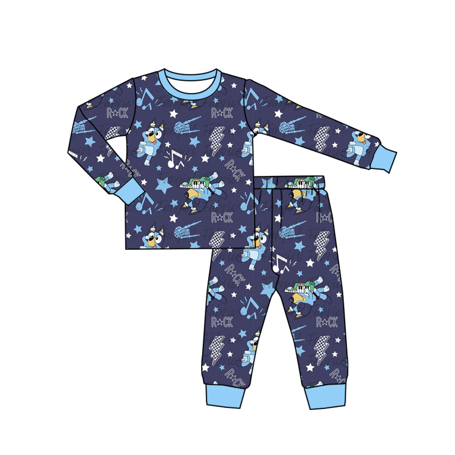 (Custom Design Preorder MOQ 5) Cartoon Dog Blue Rock Print Boys Fall Pajamas Clothes Set