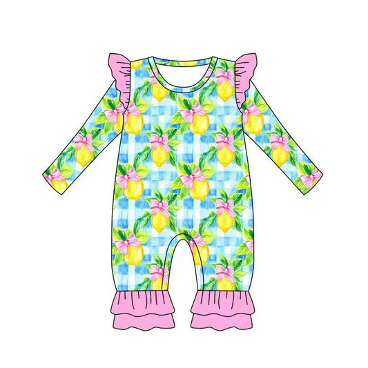 (Custom Design Preorder MOQ 5) Lemon Bows Plaid Print Baby Girls Long Sleeve Romper
