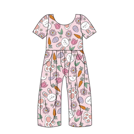 (Custom Design Preorder MOQ 5) Bunny Eggs Flowers Print Girls Pockets Easter Jumpsuits