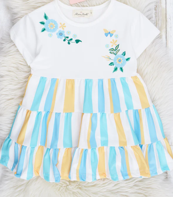 (Custom Design Preorder MOQ 5) Flowers Stripes Print Girls Knee Length Dress