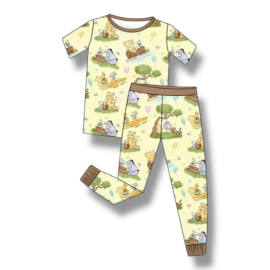 (Custom Design Preorder MOQ 5) Cartoon Bear Pooh Print Kids Pajamas Clothes Set