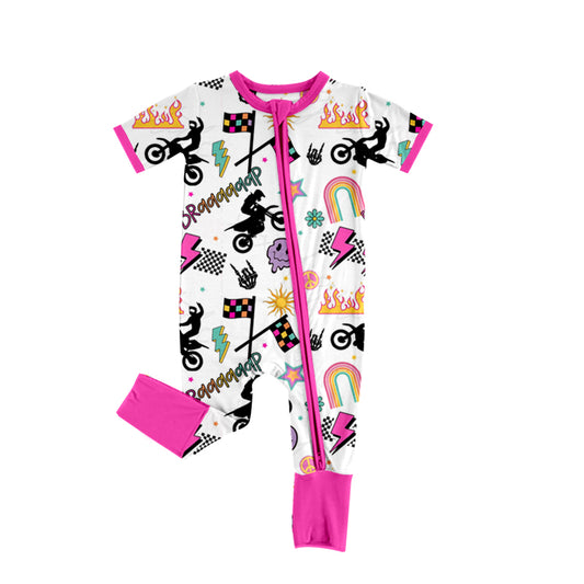 (Custom Design Preorder MOQ 5) Motorbike Print Baby Girls Summer Zipper Romper