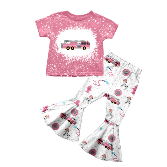 (Custom Design Preorder MOQ 5) Fire Engine Pink Print Bell Pants Girls Clothes Set