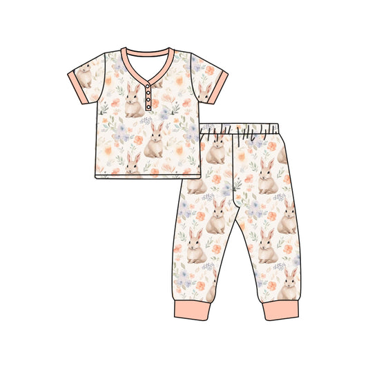 1.7(Custom Design Preorder MOQ 5 Each Design) Bunny Flowers Print Pajamas Sets Mom and Me Easter Matching Clothes