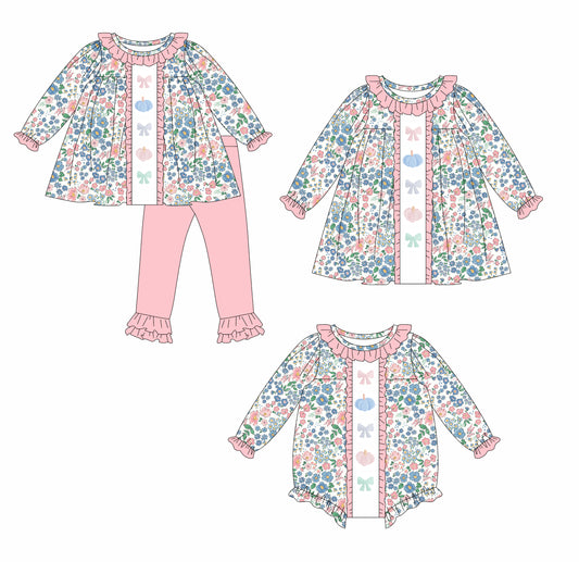 5.24(Custom Design Preorder MOQ 5 Each Design) Pumpkin Flowers Print Girls Fall Matching Clothes Sisters Wear