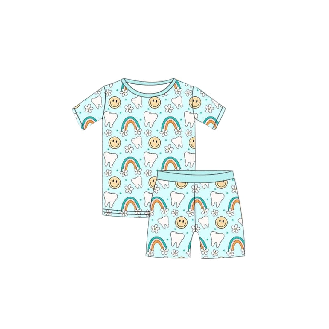 (Custom Design Preorder MOQ 5)  Tooth Rainbow Flowers Print Girls Summer Pajamas Clothes Set
