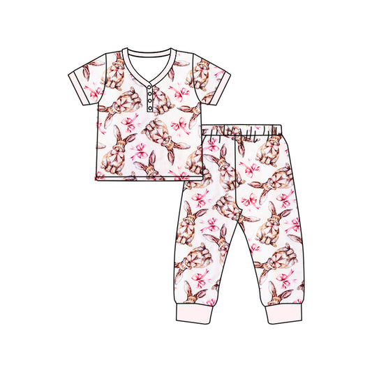 1.7(Custom Design Preorder MOQ 5 Each Design) Bunny Bows Print Pajamas Sets Mom and Me Easter Matching Clothes