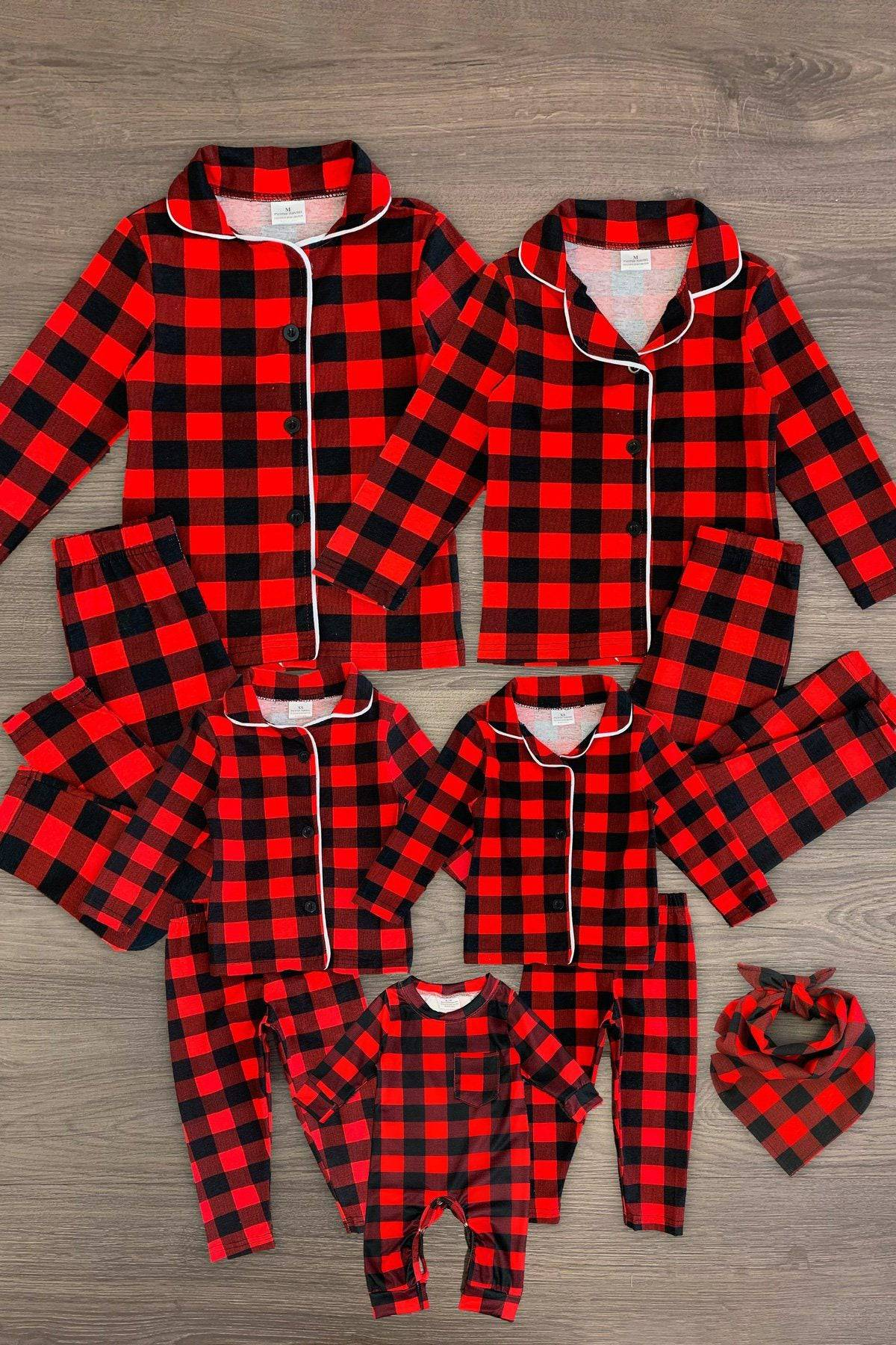 (Custom Design MOQ 5) Christmas Red Plaid Print Adult Pajamas Man Clothes Set