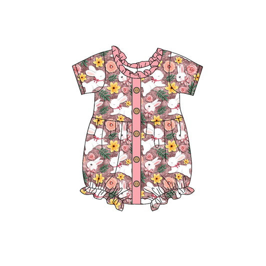 (Custom Design Preorder MOQ 5) Bunny Flowers Bows Print Baby Girls Easter Romper