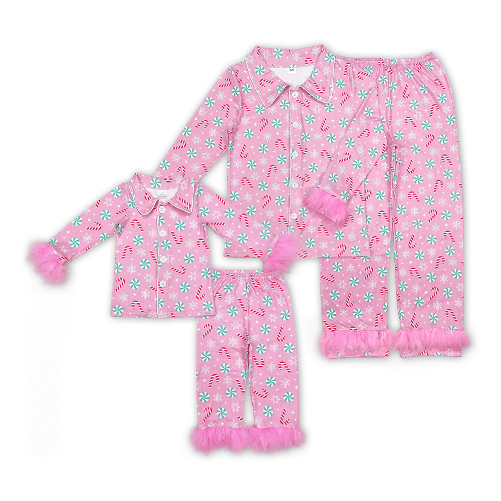 Candy Pink Print Mom and Me Matching Christmas Buttons Fur Pajamas Clothes Set