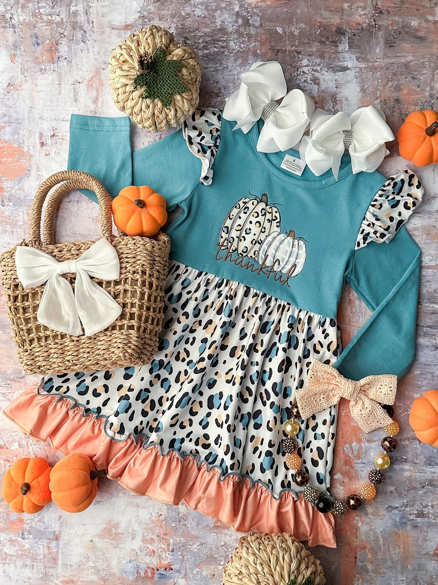 (Custom Design Preorder MOQ 5) Thankful Pumpkin Print Girls Knee Length Fall Dress