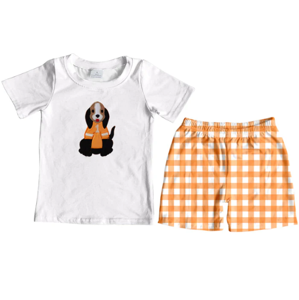 (Custom Design Preorder MOQ 5)  Team's Dog White Top Orange Plaid Shorts Boys Clothes Set