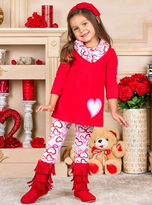 (Custom Design MOQ 5)  Red Tunic Top Heart Legging Pants Girls 3 Pieces Valentine's Clothes set