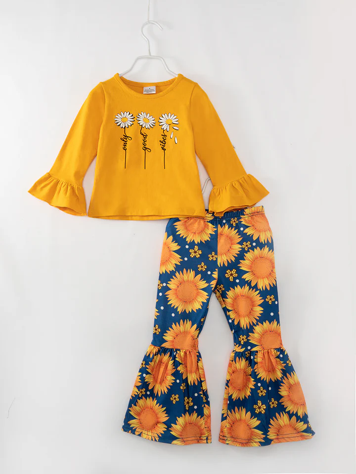 (Custom Design Preorder MOQ 5) Sunflowers Top Bell Pants Girls Fall Clothes Set