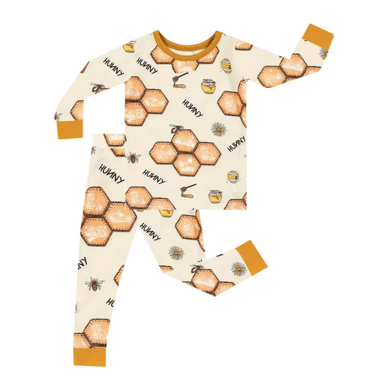 (Custom Design Preorder MOQ 5)  Bee Print Girls Fall Pajamas Clothes Set