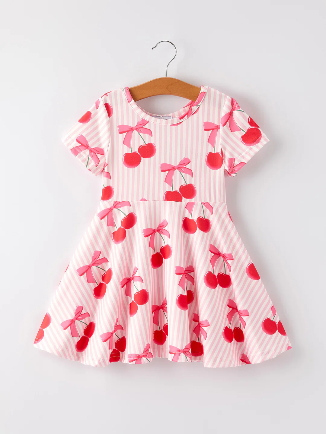 (Custom Design Preorder MOQ 5) Cherry Bows Stripes Print Girls Summer Knee Length Dress