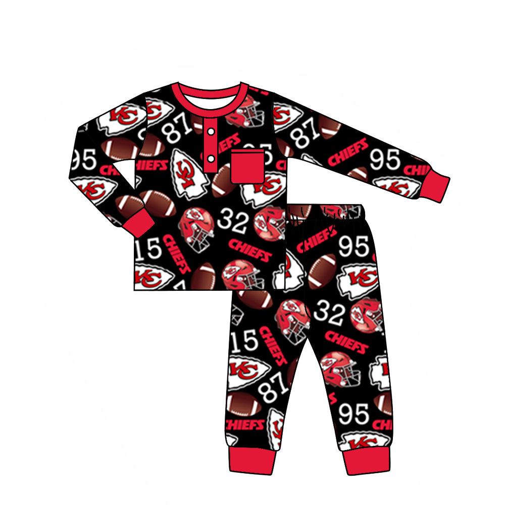 (Custom Design Preorder MOQ 5) Team's KC Black Print Pocket Boys Fall Pajamas Clothes Set