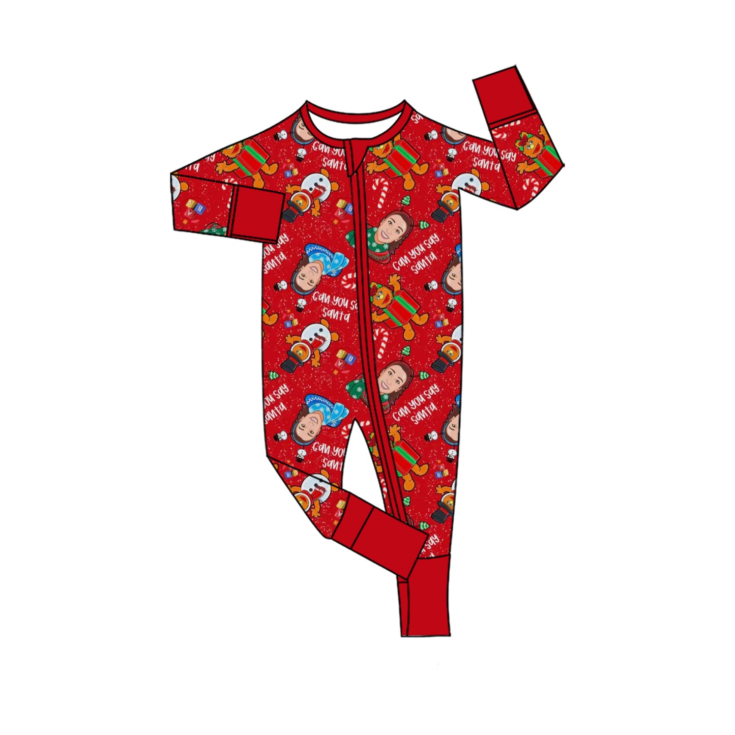(Custom Design Preorder MOQ 5) Cartoon Teacher Red Print Baby Girls Christmas Sleeper Zipper Romper