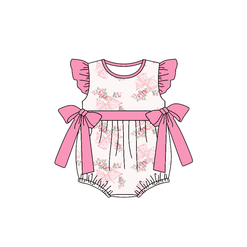 (Custom Design Preorder MOQ 5) Flowers Pink Bows Print Baby Girls Summer Romper