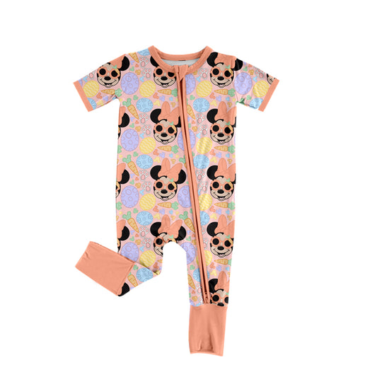 (Custom Design Preorder MOQ 5)  Cartoon Mouse Eggs Print Baby Girls Easter Bamboo Sleeper Zipper Romper