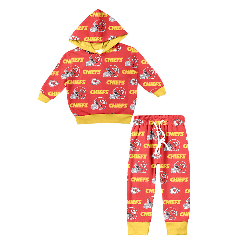 (Custom Design Preorder MOQ 5) Team's KC Yellow Red Print Pockets Pants Kids Fall Hoodie Clothes Set