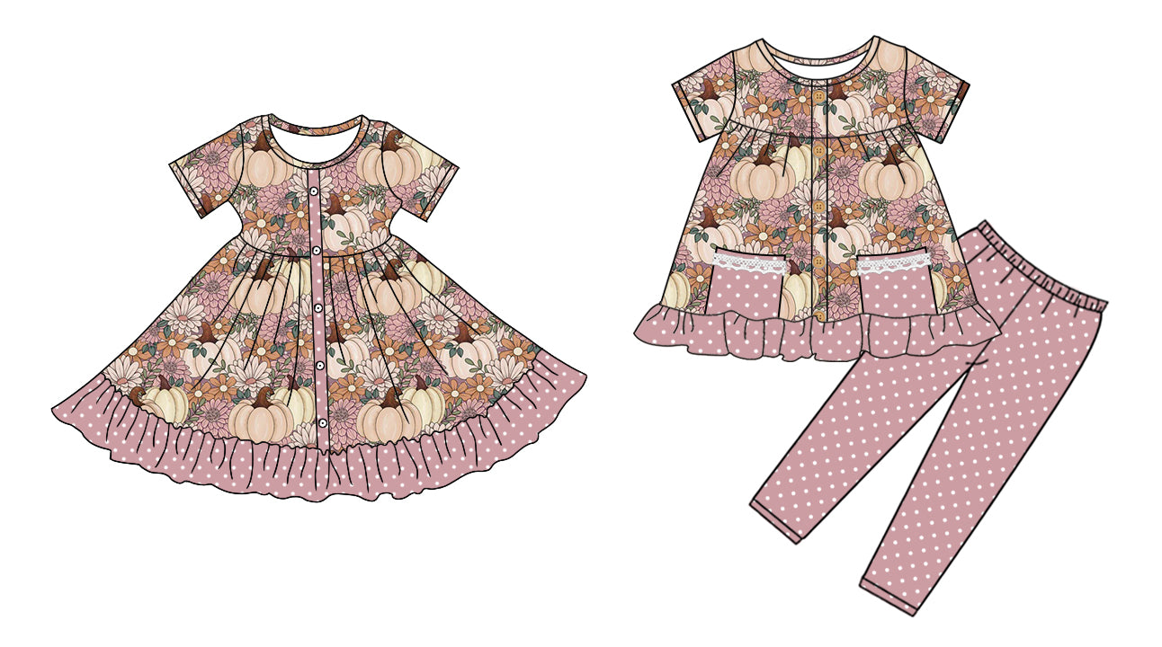 5.6(Custom Design Preorder MOQ 5 Each Design) Pumpkin Flowers Print Girls Fall Matching Clothes Sisters Wear