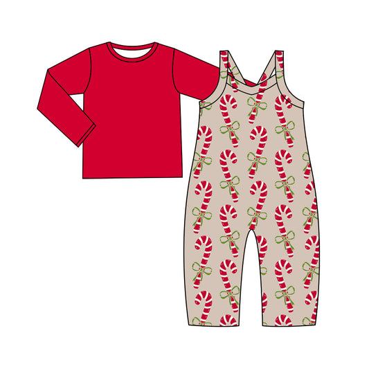 (Custom Design Preorder MOQ 5) Red Top Candy Cane Jumpsuit Girls Christmas Clothes Set