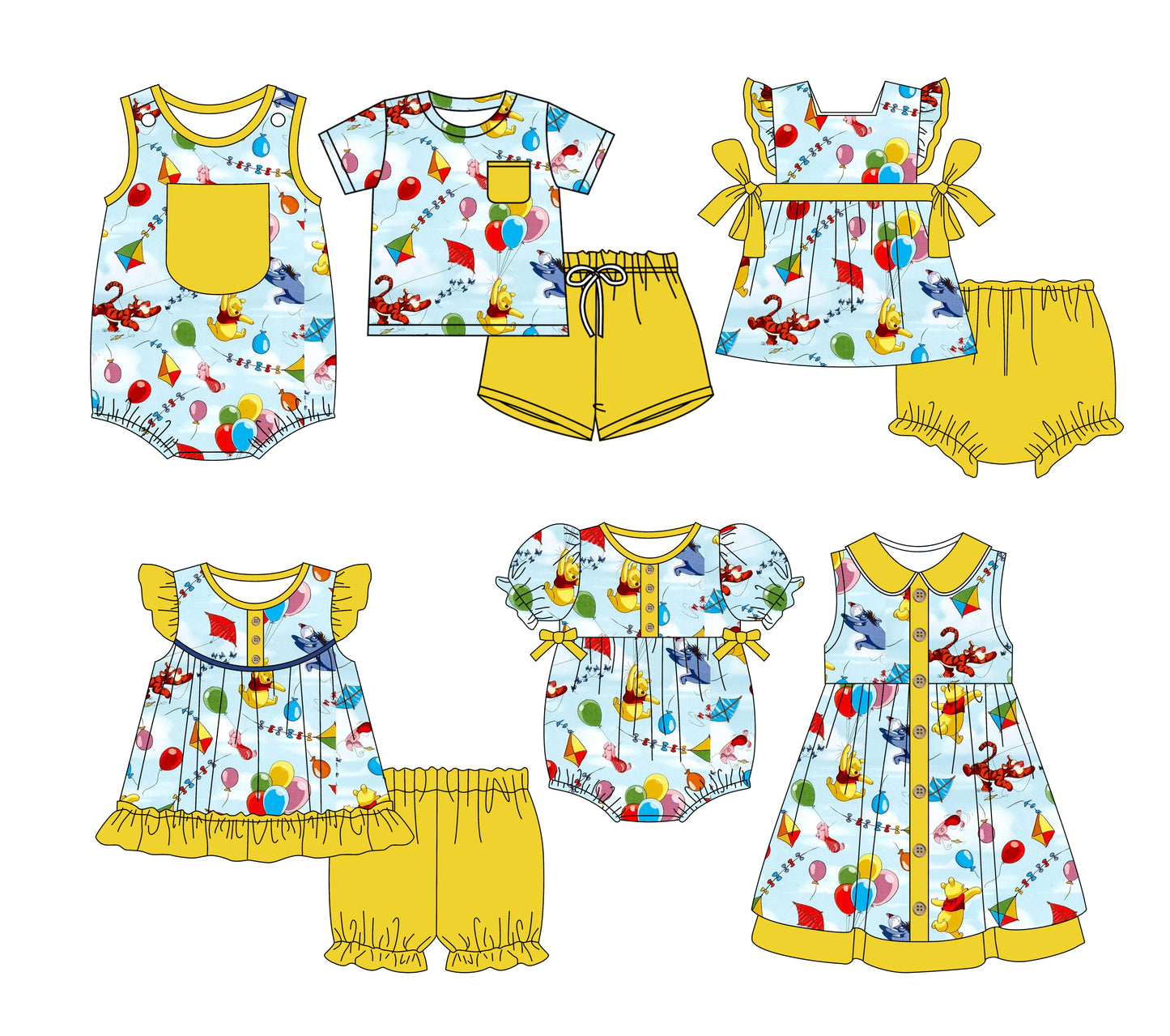 3.3(Custom Design Preorder MOQ 5 Each Design) Cartoon Bear Pooh Yellow Print Kids Summer Matching Clothes Sibling Wear