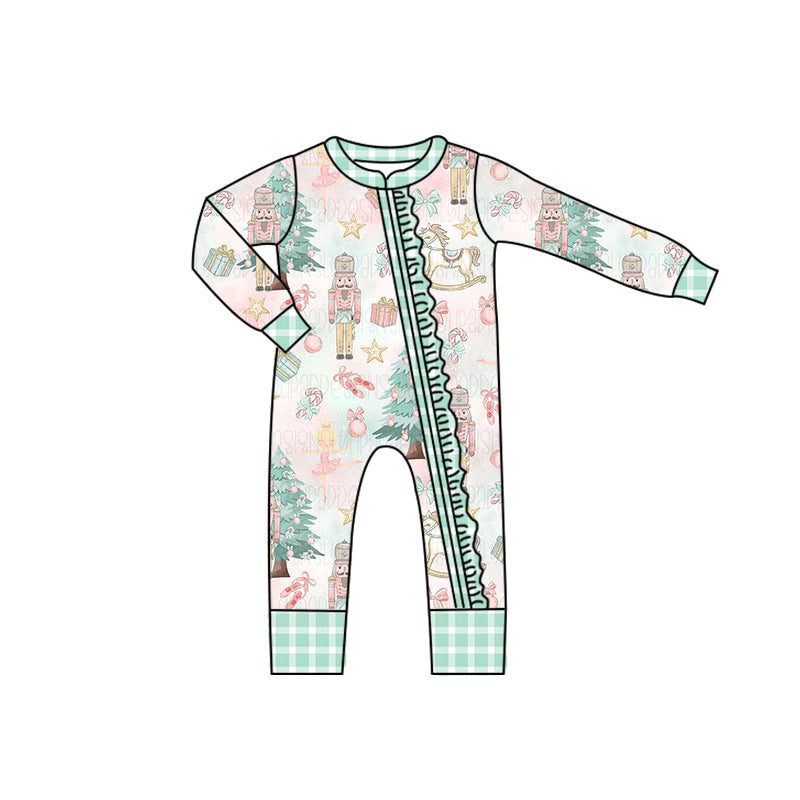 (Custom Design Preorder MOQ 5)  Nutcracker Print Baby Girls Bamboo Christmas Sleeper Zipper Romper