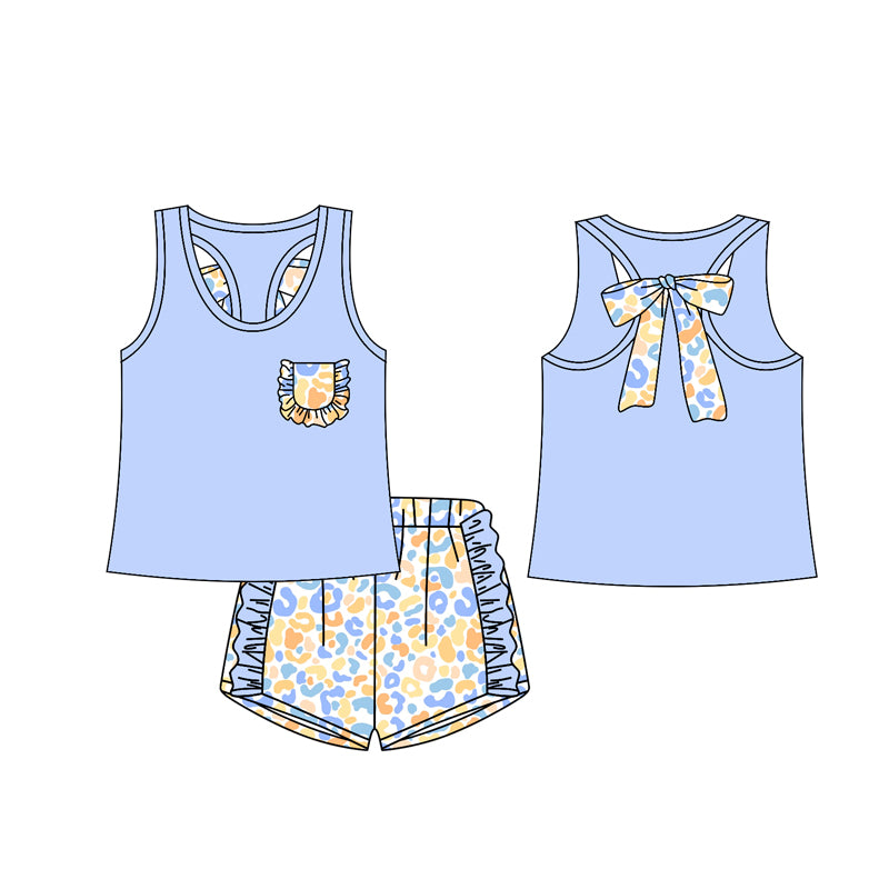 12.13(Custom Design Preorder MOQ 5) Blue Pocket Vest Top Leopard Shorts Girls Summer Clothes Set