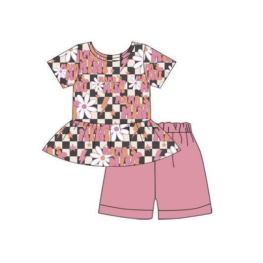 (Custom Design Preorder MOQ 5)  MAMA'S MINI Flowers Print Top Pink Shorts Girls Summer Clothes Set