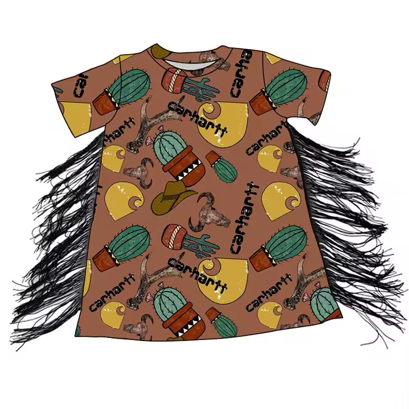 (Custom Design Preorder MOQ 5) Cactus Brown Print Tassels Girls Knee Length Western Summer Dress