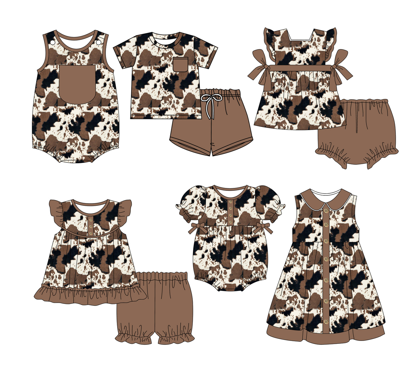 3.3(Custom Design Preorder MOQ 5 Each Design) Cowhide Brown Print Kids Summer Matching Clothes Sibling Wear