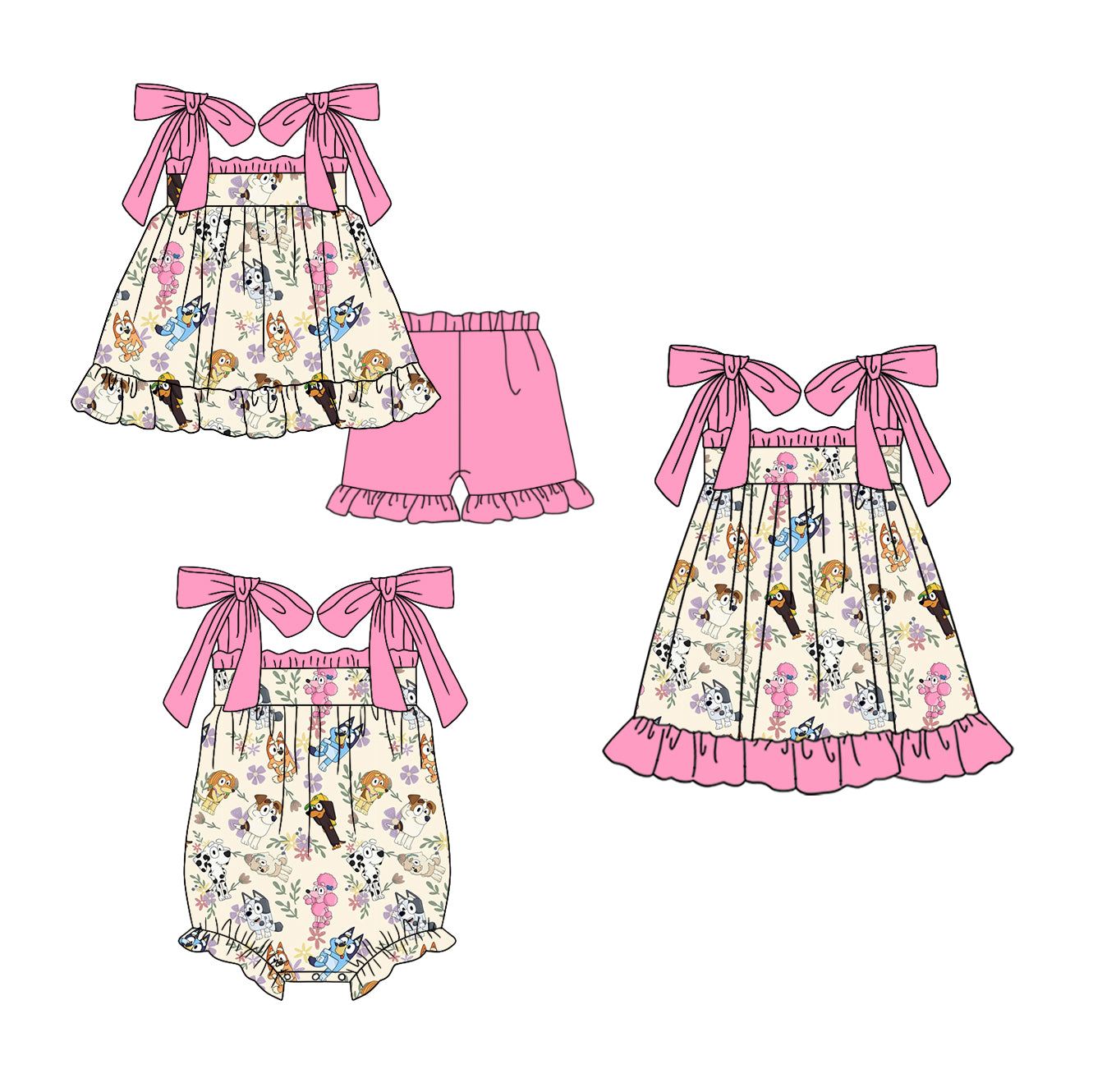 12.16(Custom Design Preorder MOQ 5 Each Design) Cartoon Dog Flowers Pink Print Girls Summer Matching Clothes Sisters Wear