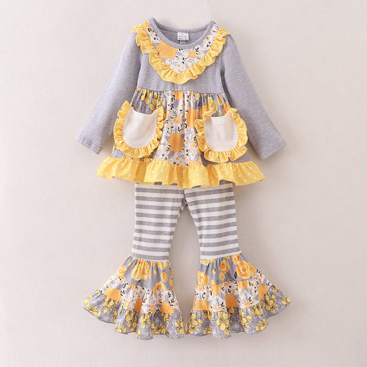 (Custom Design Preorder MOQ 5)  Yellow Flowers Tunic Top Gray Stripes Pants Girls Fall Clothes Set