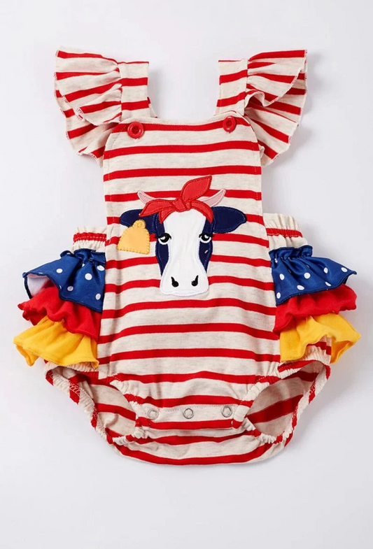 (Custom Design Preorder MOQ 5) Heifer Red Stripes Print Baby Girls Summer Bubble Romper