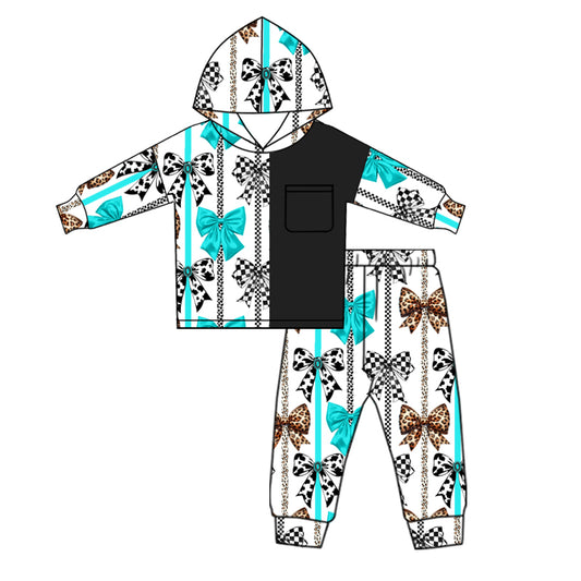 (Custom Design Preorder MOQ 5) Bows Print Hoodie Top Pants Girls Western Clothes Set