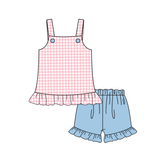 (Custom Design Preorder MOQ 5) Pink Plaid Top Blue Shorts Girls Summer Clothes Set