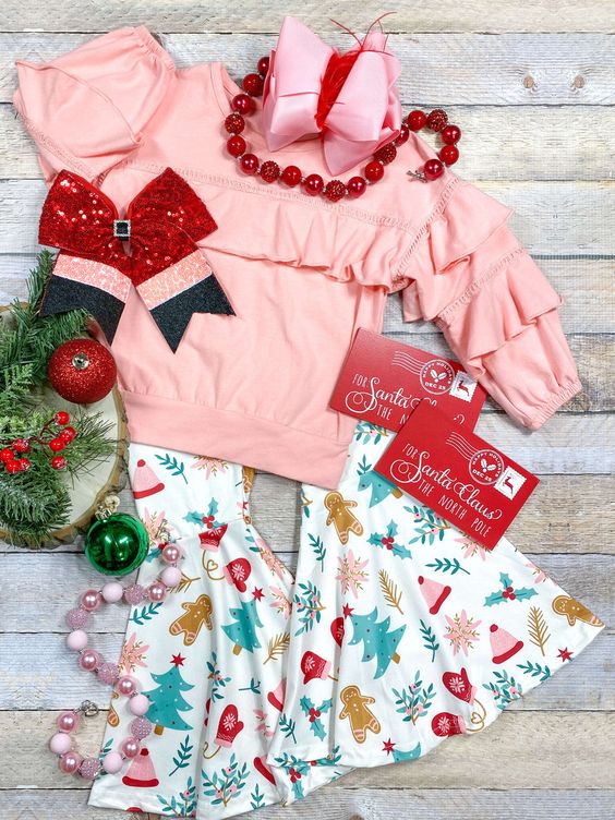 (Custom Design Preorder MOQ 5) Pink Top Gingerbread Bell Pants Girls Christmas Clothes Set