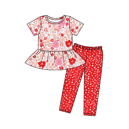 (Custom Design Preorder MOQ 5) Flowers Top Red Dots Pants Girls Clothes Set
